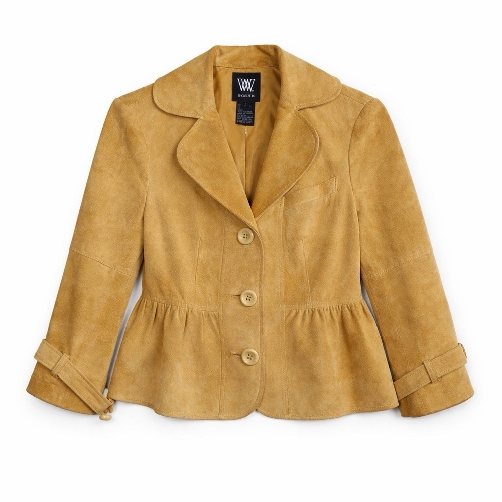Worth WW Tan Suede Leather Peplum‎ Jacket Womens Size 2 Button Front